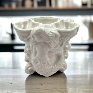 Mermaid Sea Vixen White Porcelain 4 Well Oyster Dish 4" Tall Signed Wagner